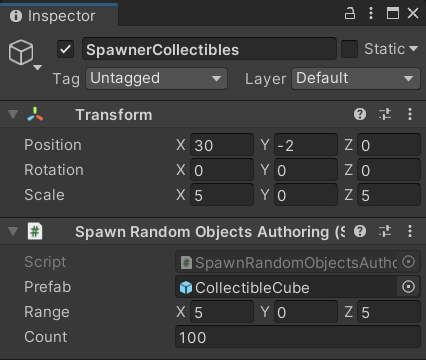 The SpawnRandomObjectsAuthoring inspector